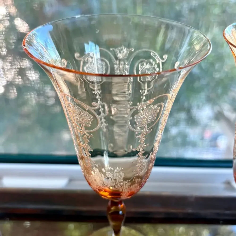 Set of 2 1940s Vintage Etched Amber Stem Wine Goblets Art Deco Glass UV Red Glow